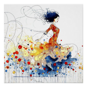 Flamenco-danseres in golvende, meerkleurige bewegi perfect poster