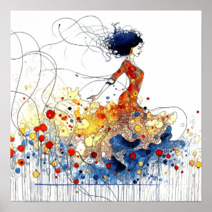 Flamenco-danseres in golvende, meerkleurige bewegi poster