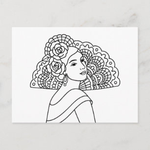 Flamenco Spaanse Dame Met Waaiers Inkt Kunst Teken Feestdagenkaart