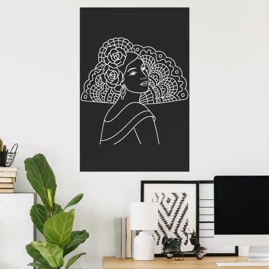 Flamenco Spanish Lady With Fan Ink art Drawing Poster (Thuiskantoor)