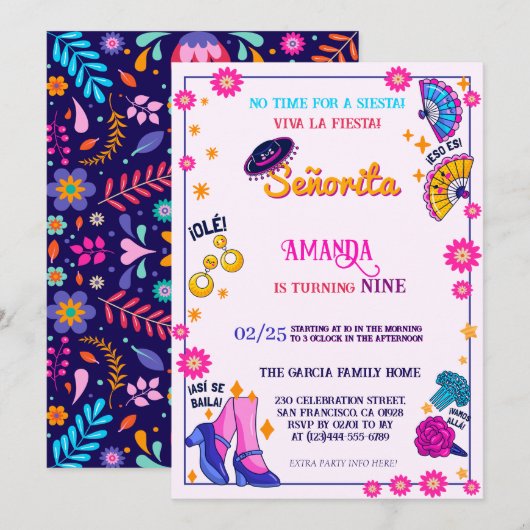 Flamenco Thema Verjaardagsfeest Uitnodiging (Voorkant / Achterkant)