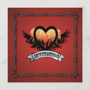 Flames Heart Rock N Roll Biker Wedding Invitation Kaart