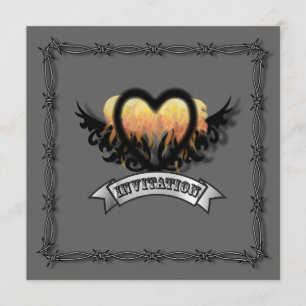 Flames Heart Rock N Roll Biker Wedding Invitation Kaart