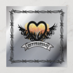 Flames Heart Rock N Roll Biker Wedding Invitation Kaart