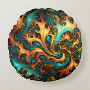 Flames of Color: Blauwgroen, gouden, Oranje fracta Rond Kussen