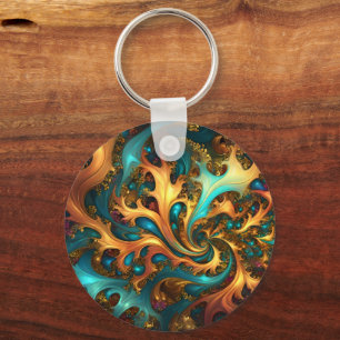 Flames of Color: Blauwgroen, gouden, Oranje fracta Sleutelhanger