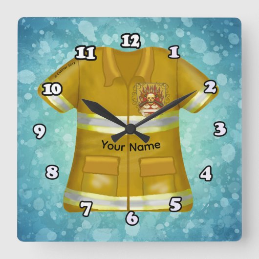 Flames Shield Firefighter Vierkante Klok (Voorkant)