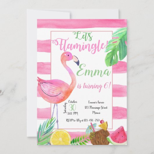 Flaminfo Birthday Invitation, Flamingo Invitation Kaart (Voorkant)
