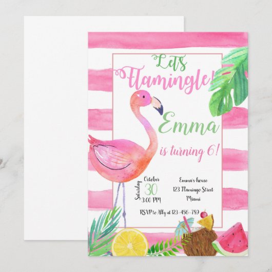 Flaminfo Birthday Invitation, Flamingo Invitation Kaart (Voorkant / Achterkant)