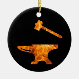Flaming Anvil & Hammer Blacksmith Metalworking Keramisch Ornament