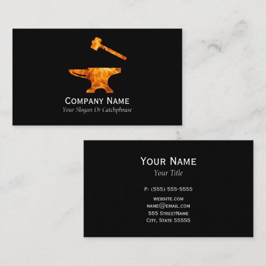 Flaming Anvil & Hammer Blacksmith Metalworking Visitekaartje (Voorkant / Achterkant)