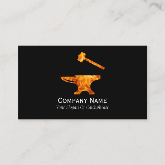 Flaming Anvil & Hammer Blacksmith Metalworking Visitekaartje (Voorkant)