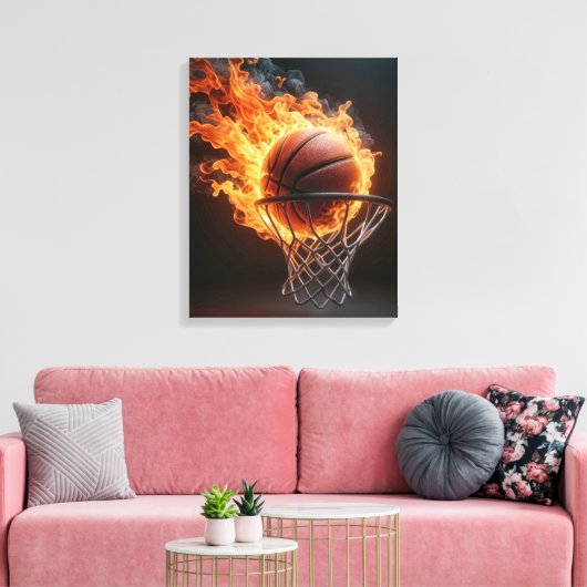 Flaming Basketbal in de Hoop Canvas Afdruk (Insitu (Woonkamer))