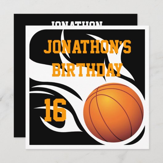 Flaming Basketball Birthday BW Party Kaart (Voorkant / Achterkant)