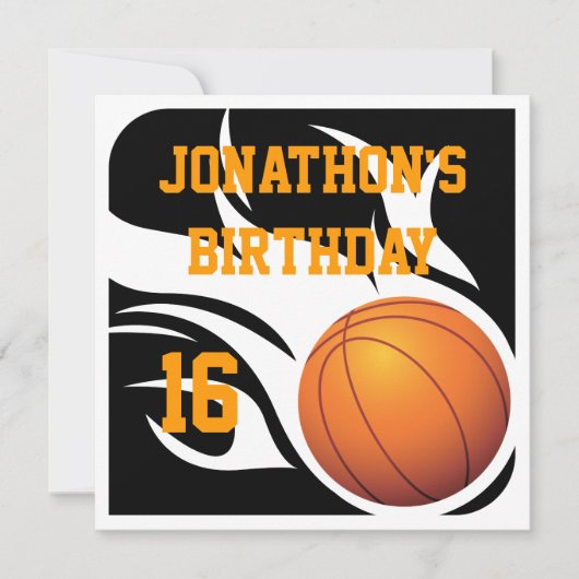 Flaming Basketball Birthday BW Party Kaart (Voorkant)