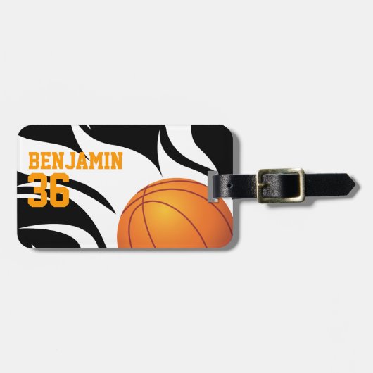  Flaming Basketball Black en White Bagagelabel (Voorkant horizontaal)