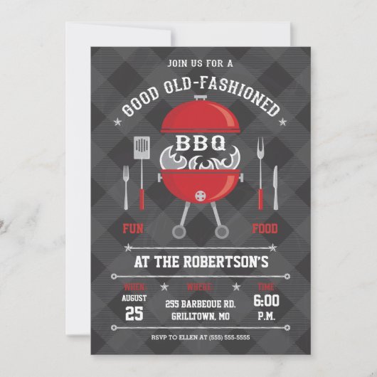 Flaming BBQ Grill Invitation, Chalkboard/Gingham Kaart (Voorkant)