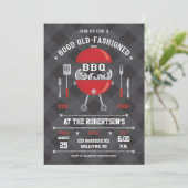 Flaming BBQ Grill Invitation, Chalkboard/Gingham Kaart (Staand voorkant)