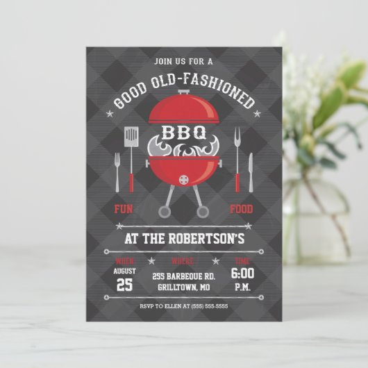 Flaming BBQ Grill Invitation, Chalkboard/Gingham Kaart (Staand voorkant)