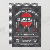 Flaming BBQ Grill Invitation, Chalkboard/Gingham Kaart (Voorkant / Achterkant)