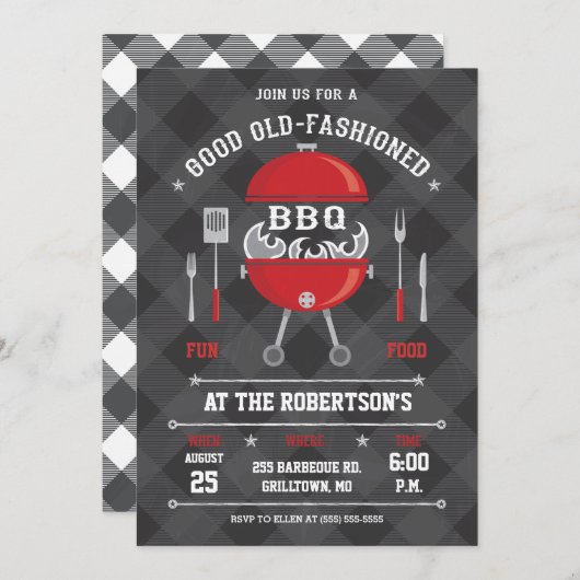 Flaming BBQ Grill Invitation, Chalkboard/Gingham Kaart (Voorkant / Achterkant)