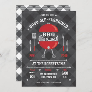 Flaming BBQ Grill Invitation, Chalkboard/Gingham Kaart