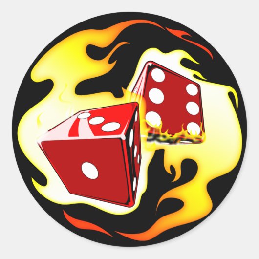 Flaming Dice Ronde Sticker (Voorkant)