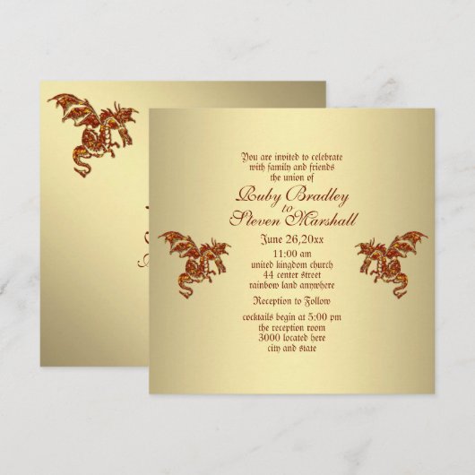 Flaming Dragon Golden Fantasy Wedding Theme Kaart (Voorkant / Achterkant)