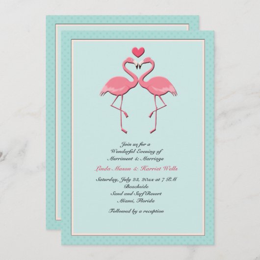Flaming Flamingo's Lesbisch Huwelijksuitnodiging Kaart (Voorkant / Achterkant)