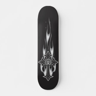 Flaming Goth Skull Cross Skateboard