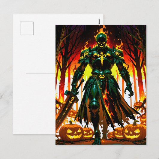 Flaming Headless Pumpkin Knight Halloween Feestdagenkaart (Voorkant / Achterkant)
