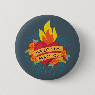 Flaming Heart Dia de los Muertos   Button