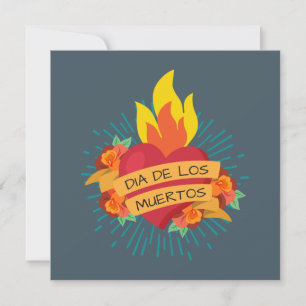 Flaming Heart Dia de los Muertos Party Invitation Kaart