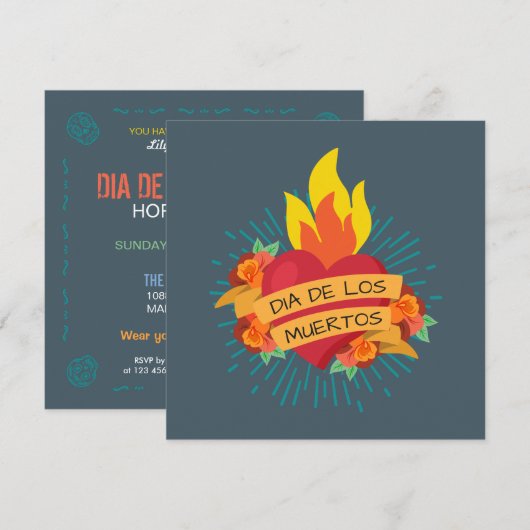 Flaming Heart Dia de los Muertos Uitnodiging (Voorkant / Achterkant)