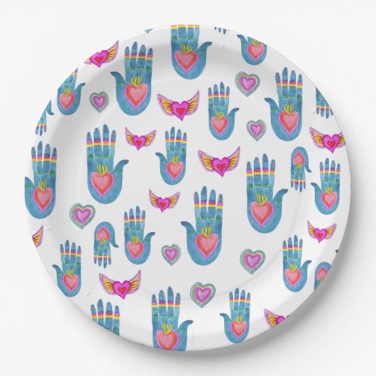 Flaming Hearts & Handen Waterverf Valentijnse Lie Papieren Bordje (Voorkant)