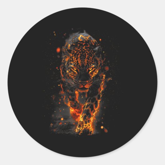 Flaming Jaguar Fierce Leopard Wild Fire Animal Sri Ronde Sticker (Voorkant)