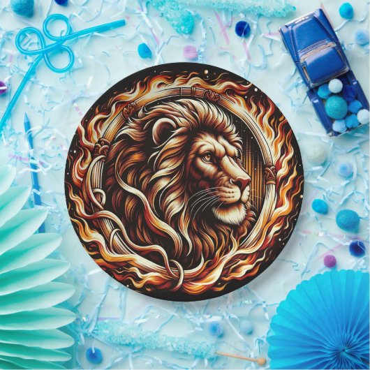Flaming Lion in Ring of Fire Flames Astrologie Papieren Bordje (Feest)