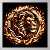 Flaming Lion in Ring of Fire Flames Astrologie Poster (Voorkant)