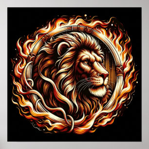 Flaming Lion in Ring of Fire Flames Astrologie Poster