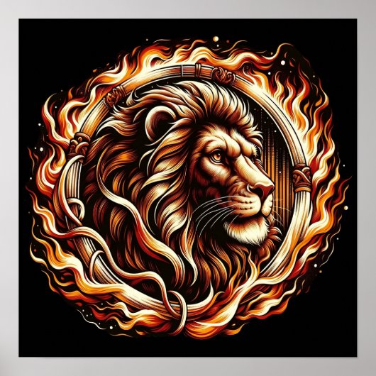 Flaming Lion in Ring of Fire Flames Astrologie Poster (Voorkant)
