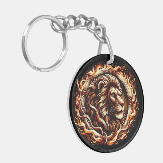 Flaming Lion in Ring of Fire Flames Astrologie Sleutelhanger (Voorkant Links)