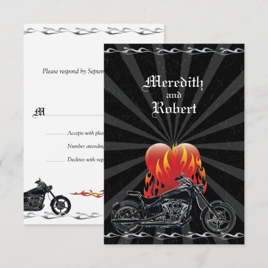 Flaming Love Biker Wedding Reply RSVP Kaartje (Voorkant / Achterkant)