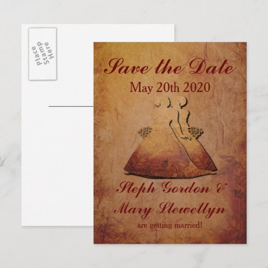 Flaming Red Rustic Lesbian Save the Date Briefkaar Aankondigingskaart (Voorkant / Achterkant)