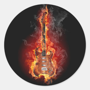 Flaming rock guitar ronde sticker