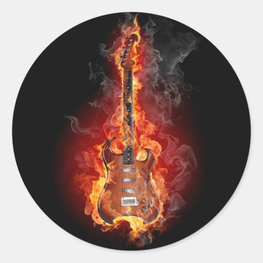 Flaming rock guitar ronde sticker (Voorkant)