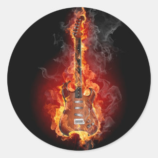 Flaming rock guitar ronde sticker