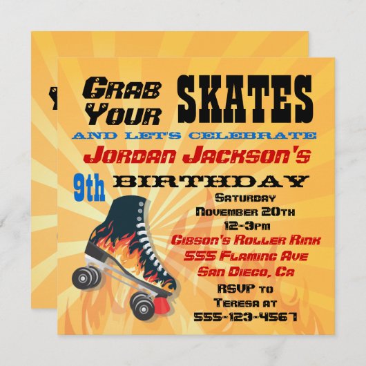 Flaming Roller Skating Birthday Party Invitation Kaart (Voorkant / Achterkant)