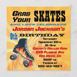 Flaming Roller Skating Birthday Party Invitation Kaart