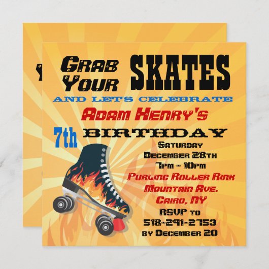 Flaming Roller Skating Birthday Party Invitation Kaart (Voorkant / Achterkant)