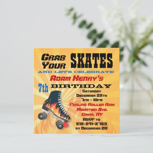 Flaming Roller Skating Birthday Party Invitation Kaart (Staand voorkant)